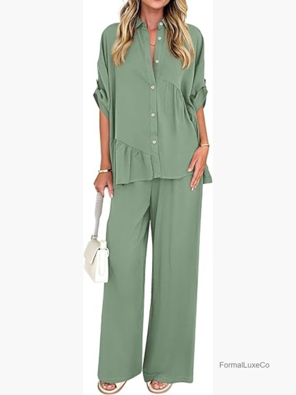 Two Piece Sets for Women Button Down Shirt Wide Leg Pants Lounge Set